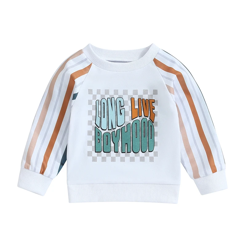 

Baby Boys Sweatshirt Long Sleeve Crew Neck Stripes Letters Print Infant Hoodie Fall Clothes