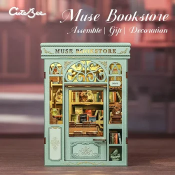 CUTEBEE DIY Book Nook Kit DIY Doll House with LED Light Bookshelf Insert Muse Bookstore Model Collection For Birthday Child Gift 1