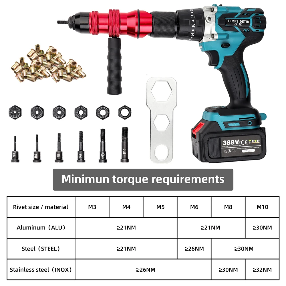 Electric Rivet Nut Gun Riveting Adapter M3 M4 M5 M6 M8 M10 Insert Rivet Nut Tool Cordless for Electric Drill Manual Riveting Tool