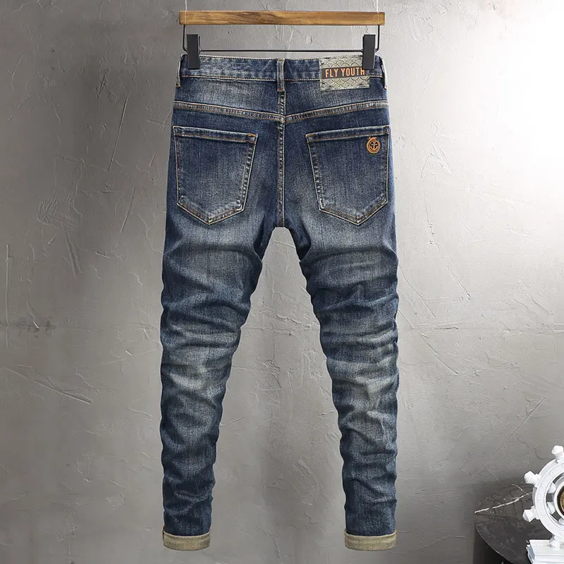 Fashion Vintage Men Jeans High Quality Retro Washed Blue Elastic Stretch Slim Fit Ripped Jeans Men Casual Trousers Denim Pants