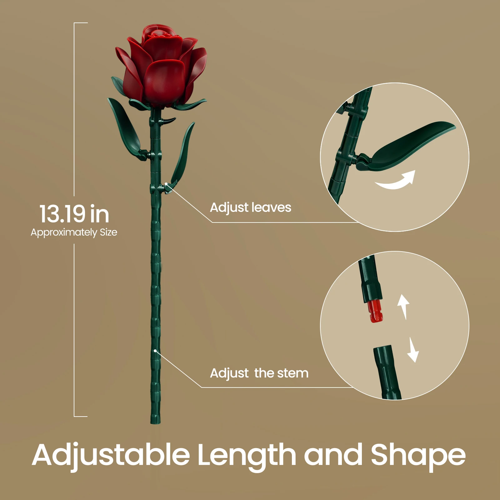 Single flower building block stem showing adjustable height and poseable leaf features