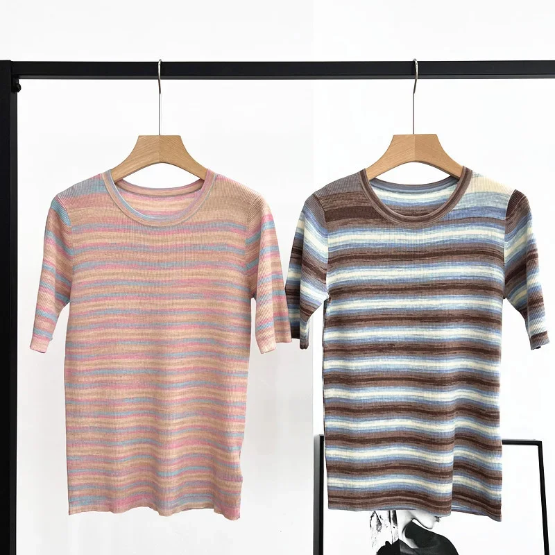 

Naizaiga 100 % Merino wool O-neck short sleeve slim pink blue striped Women pullovers sweater NY140