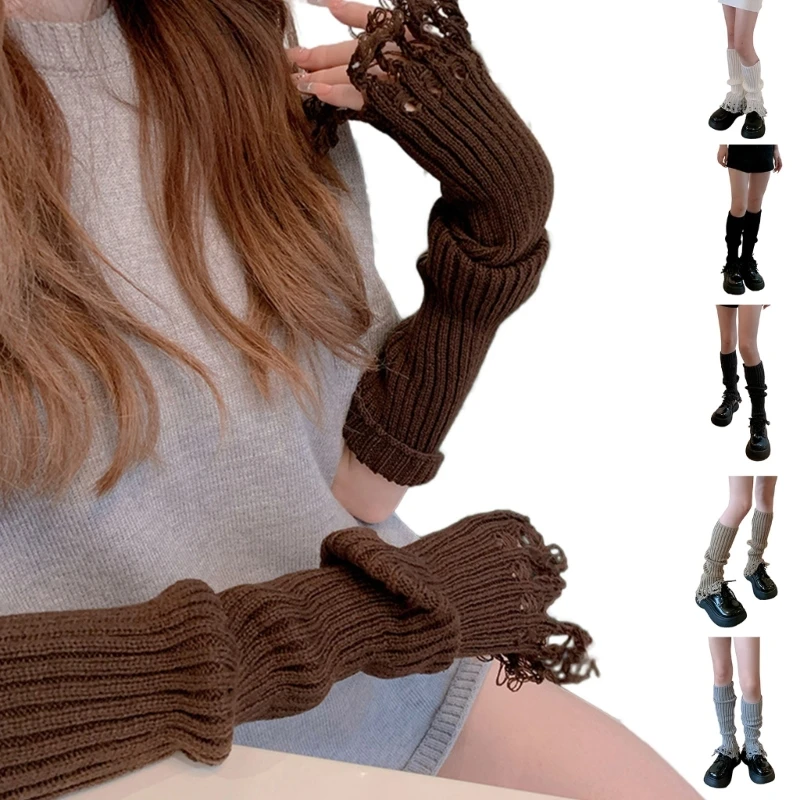 

Winter Fall Ribbed Knitted Leg Warmers Y2K Harajuku Ripped Tassels Solid Color Leg Covers Knee High Long Socks for DropShip