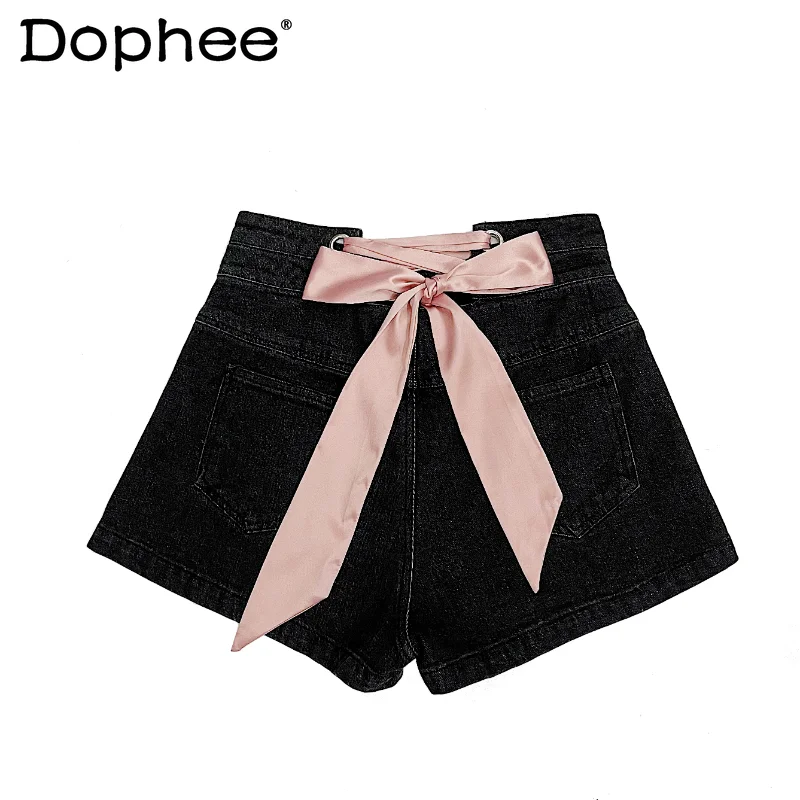 

2023 Original Women's Clothing Sweet Cool Cute Jeans Short Pants Lace-up Bow High Waist Jeans Heavy Industry Baggy Denim Shorts