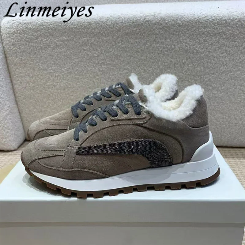Women Casual Sneakers Round Toe Lace Up Flat String Bead Suede Leather Running Shoes Winter Wool Warm Sports