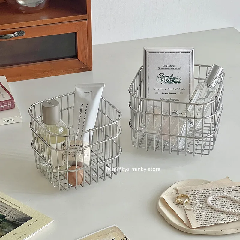 MINKYS Metal Desktop Storage Basket Box Office Cosmetics Makeup Storage Box Desk Organizer Stationery