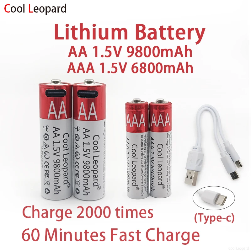

1.5V AA 9800mAh + AAA 6800mAh Rechargeable Lithium Battery,for Remote Control Mouse Small Fan Electric Toy Replacement Battery