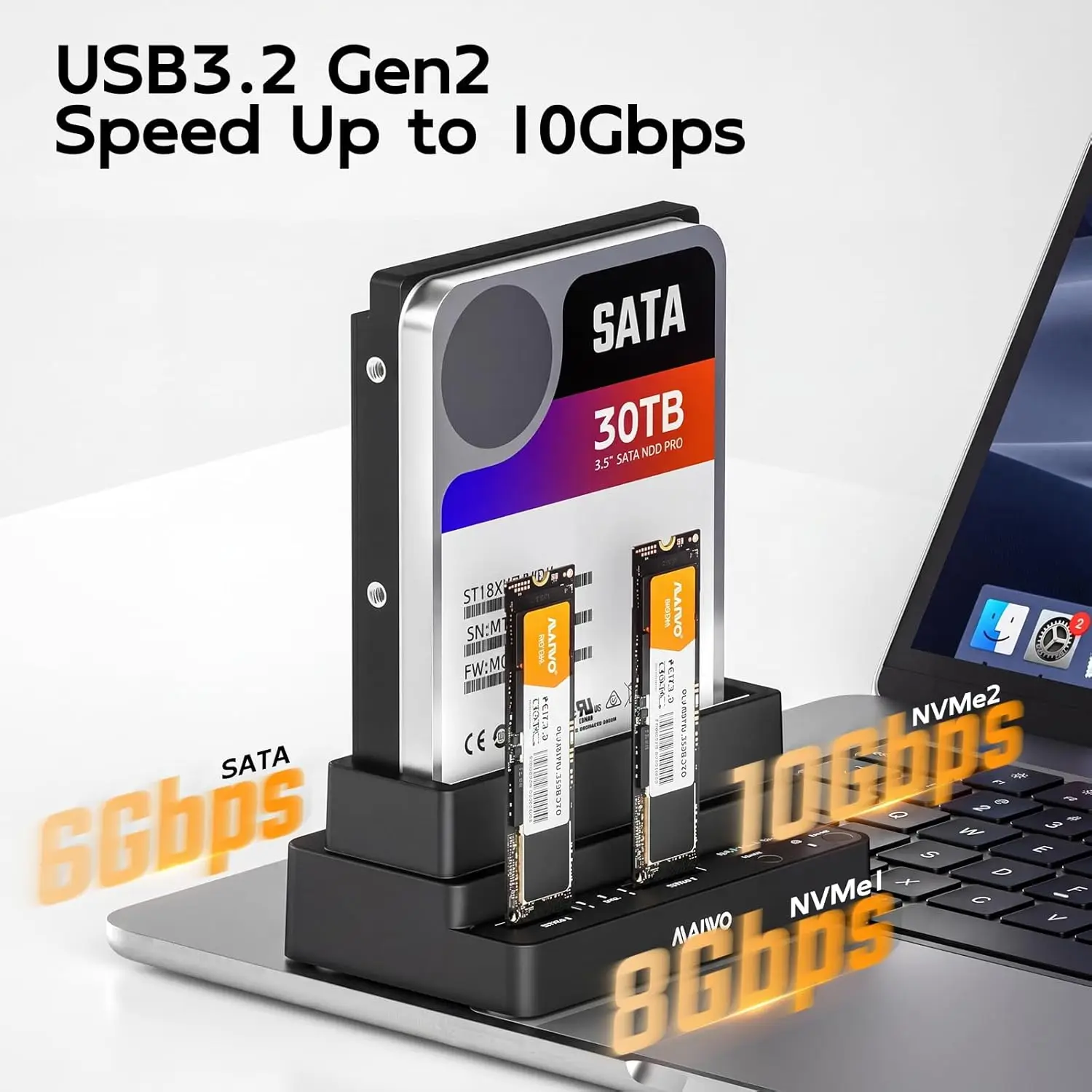 MAIWO 3베이 하드 드라이브 도킹 스테이션 10Gbps, M.2 NVMe SSD 인클로저, 2.5인치/3.5인치 HDD 케이스, PC/노트북용 오프라인 클론 기능 탑재