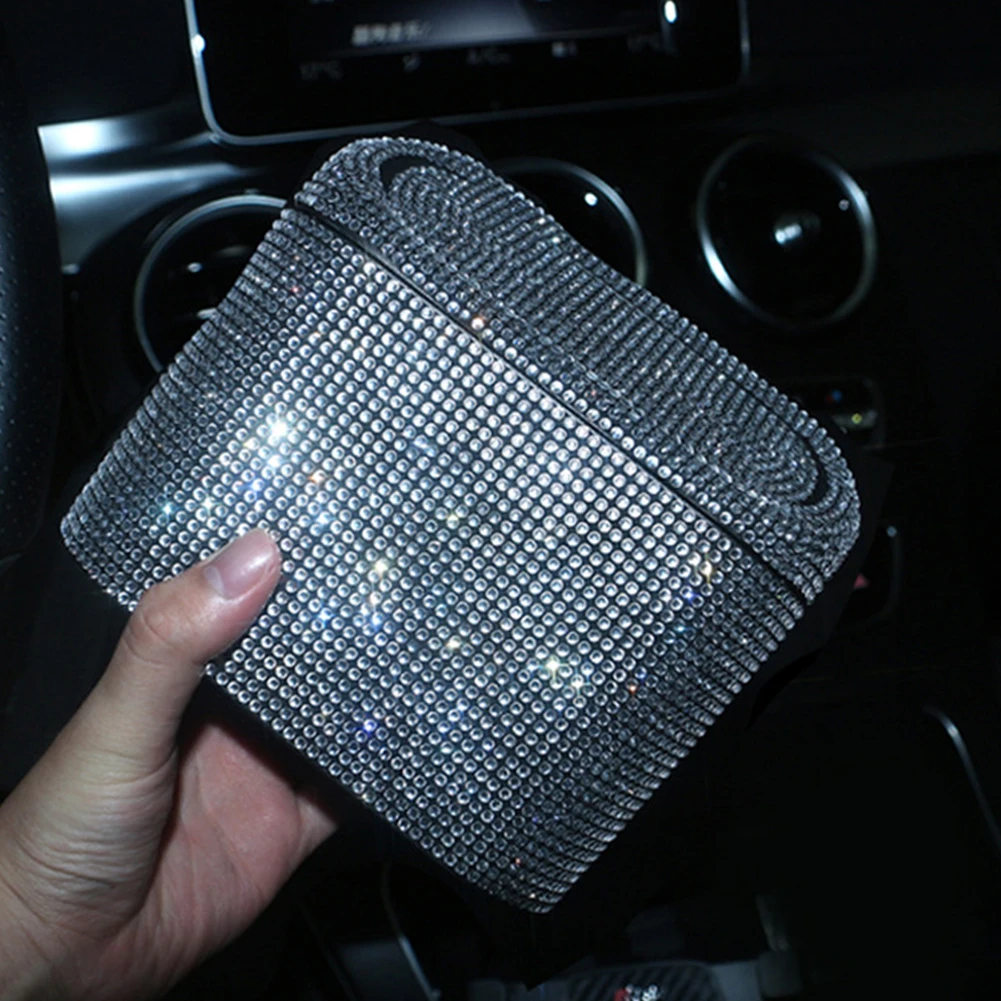 Diamond Crystal Car Trash Can Bin with Lid Leakproof Mini Vehicle Trash Bin Glitter Garbage Dustbin Organizer Container Bag