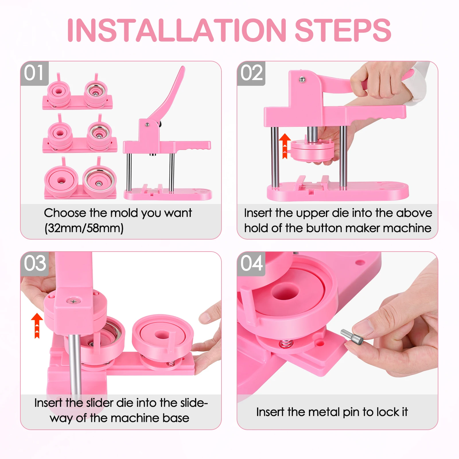 Button Badge Maker Machine 25/32/58mm Pink Button Pin Press Machine With 300 Sets Supplies + 3 Round Cutter For Children's Gift