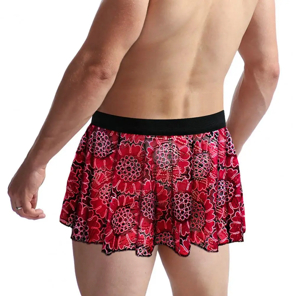 Elastic Waist Men Skirt Vintage Printed Pleated Mini Skirt with Elastic Waist Soft Breathable Clubwear Panties Unisex for Male