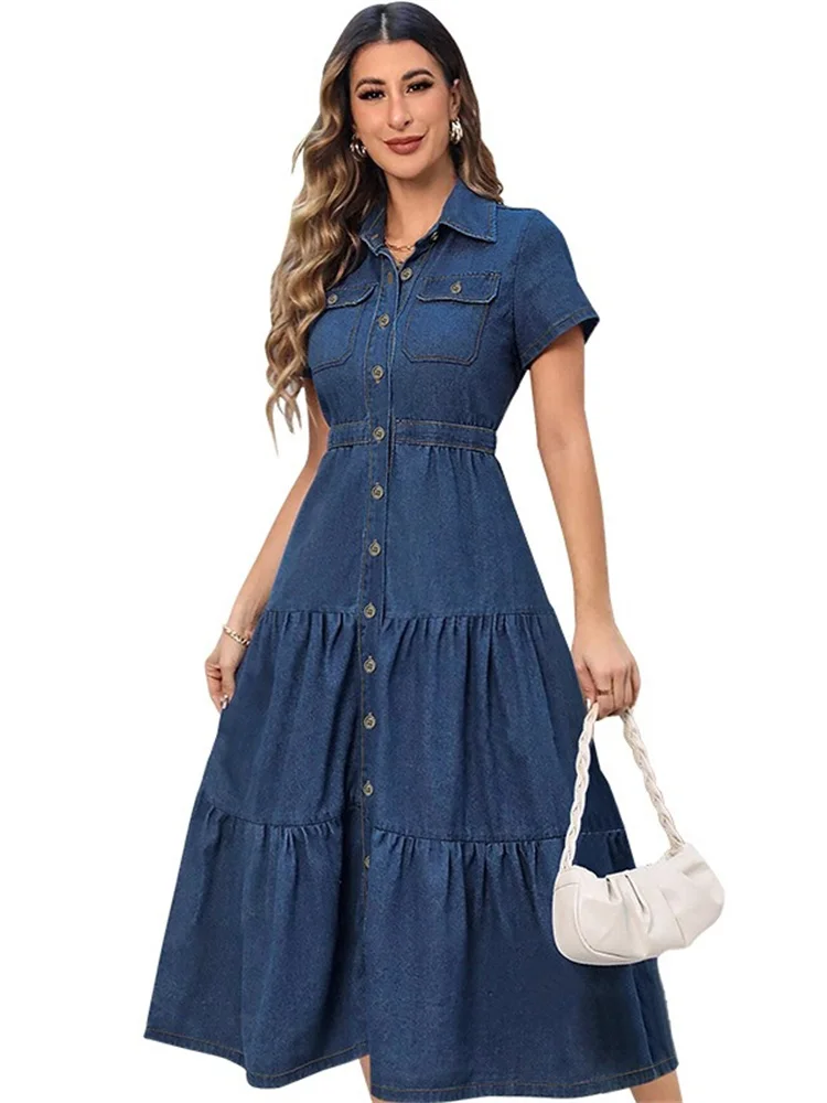 Wmstar Denim Dress Women Casual Button Bodycon Pockets Lapel Long Dresses Fashion Streetwear Wholesale Dropshipping New Style
