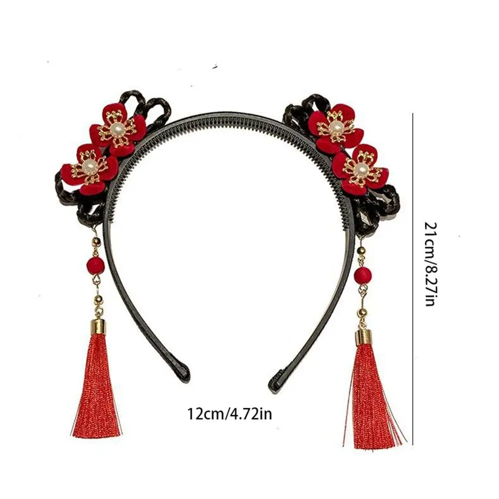 Flower Children Wig Headband Braid Hair Tang Suit Hair Hoop Chinese New Year Headwear Ancient Style Tassel Red Bow Hairband Baby