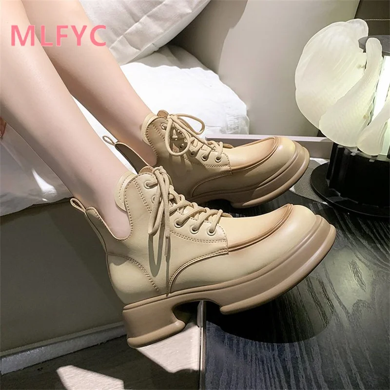 Thick Heel Thick Sole Short Boots for ladies Spring and Autumn New Fashion British Style Lace up Boots for Women's Short Boots