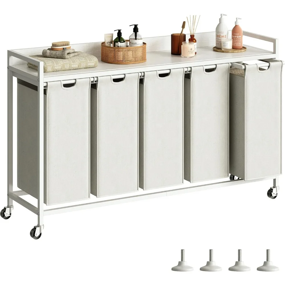 Laundry Hamper with Shelf, Laundry Basket 5 Section, Sorter with Pull-Out Removable Large Bags and Movable Wheels