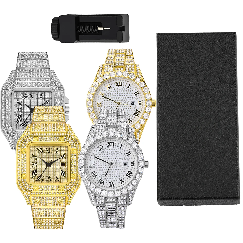Hip-hop Punk Quartz Watch Stylish Full Diamonds Watch 2 Styles to Choose Bundled Size Adjuster Men Women Party Jewelry Gift Box 2