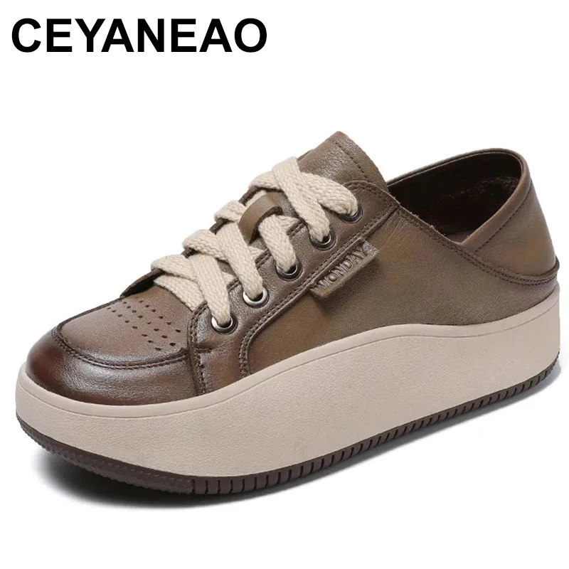 

2023 Fashion Women Genuine Leather Flat Platform Shoes 100% Genuine Cow Leather Lace-Up Sneakers Versatile Casual Shoes