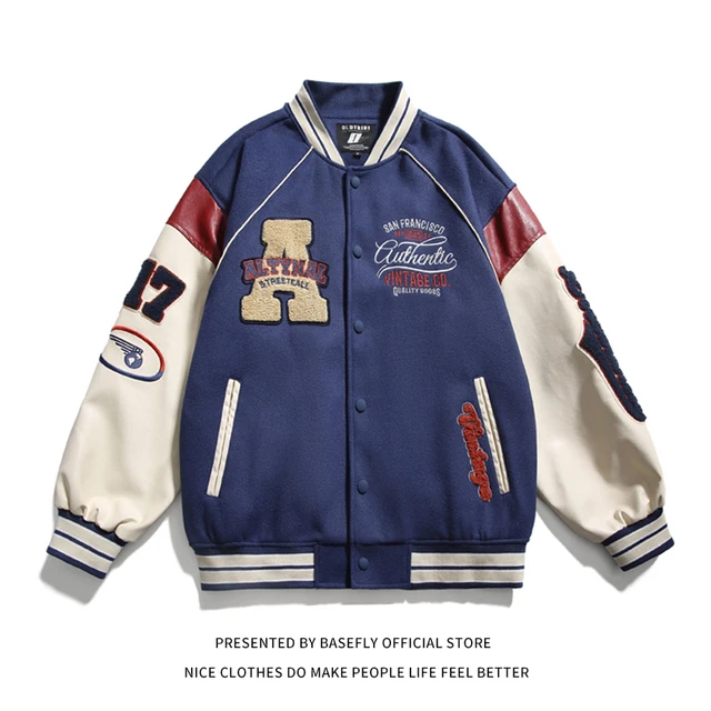 WYLZZZNB09 Varsity Jacket Men American Patchwork Bomber Coat Casual Loose  Baseball Uniform