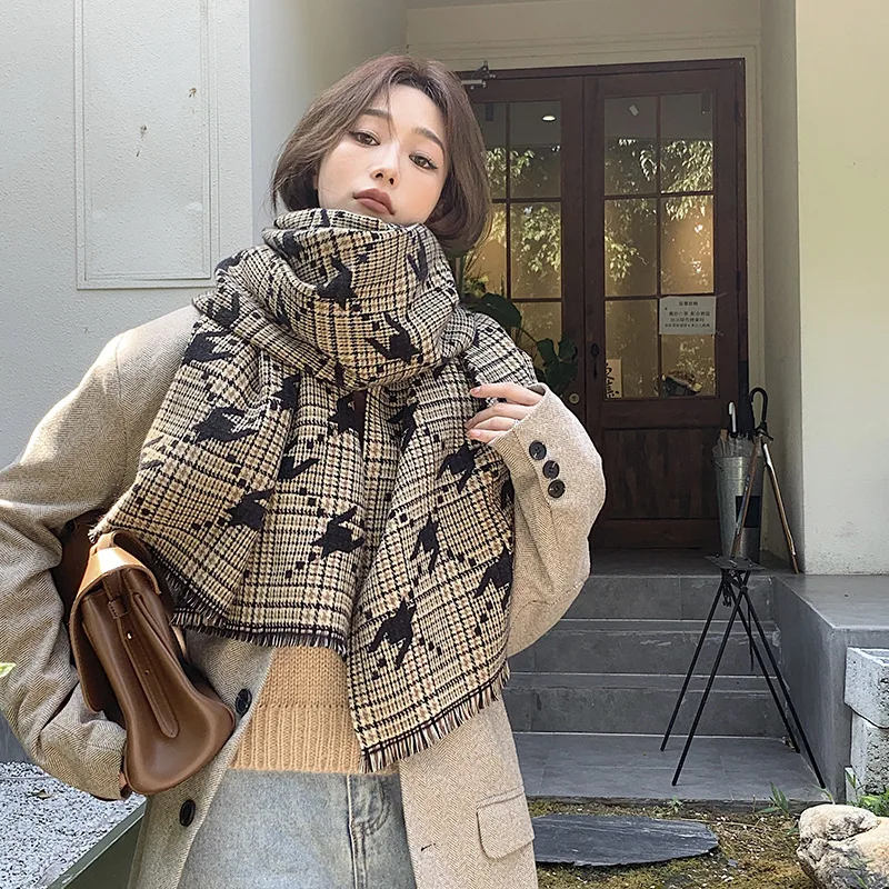 

2022 Korean autumn winter new cashmere like women's scarf classic qianniao lattice knitted long warm scarf with thickened shawl