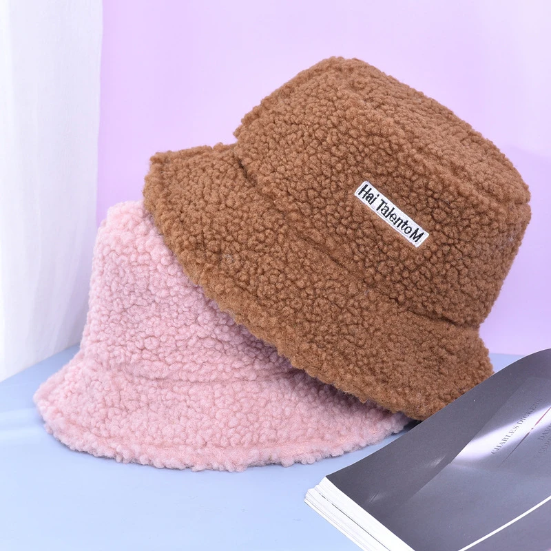 Winter Kids Bucket Hat Cute Lamb Wool Letter Fisherman Hat Solid Flat Top Outdoor Thick Warm Sun Hat