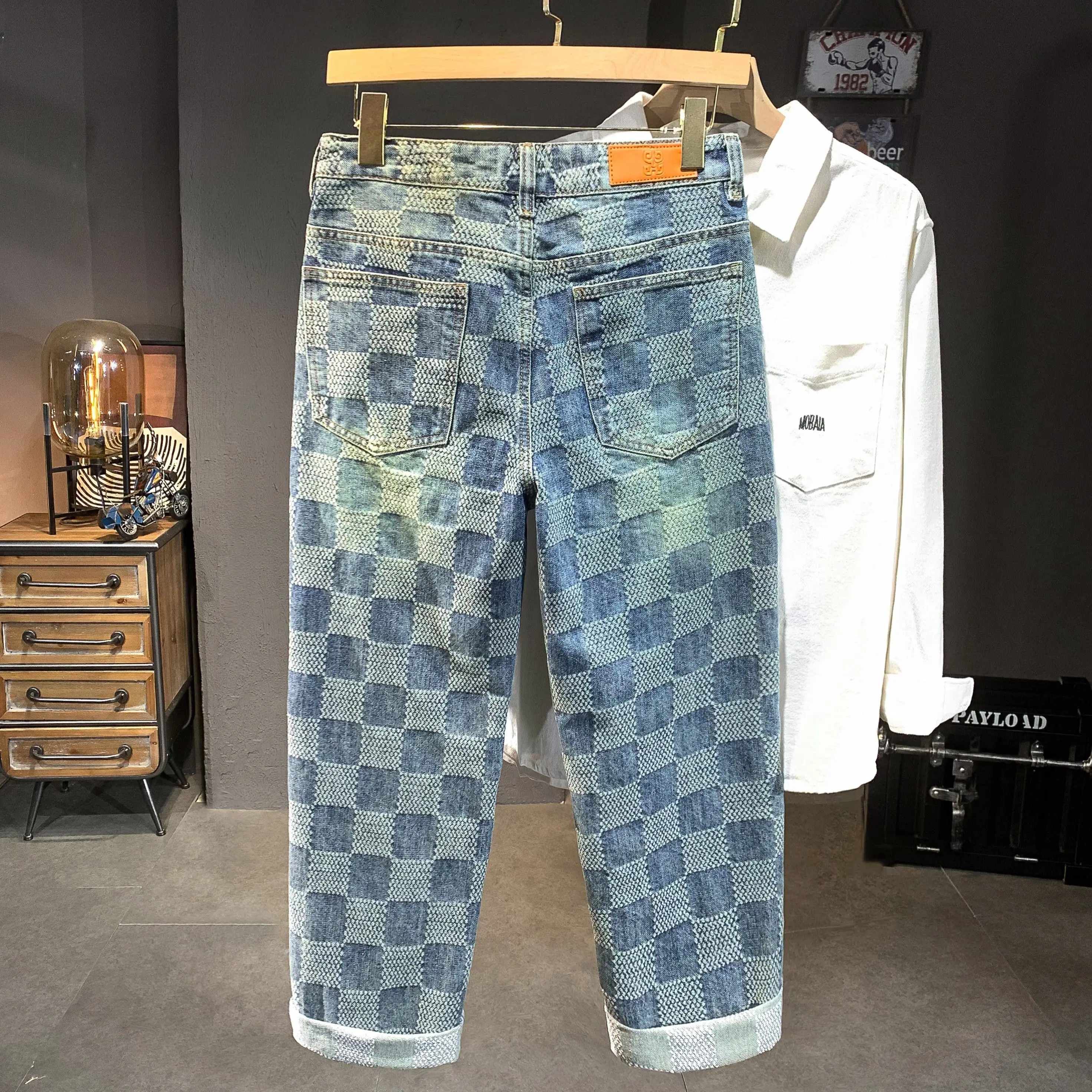 Spring & Fall Fashion Denim Pants Male Straight Leg Loosen Fit Plaid Pattern Cotton Jeans Men 4