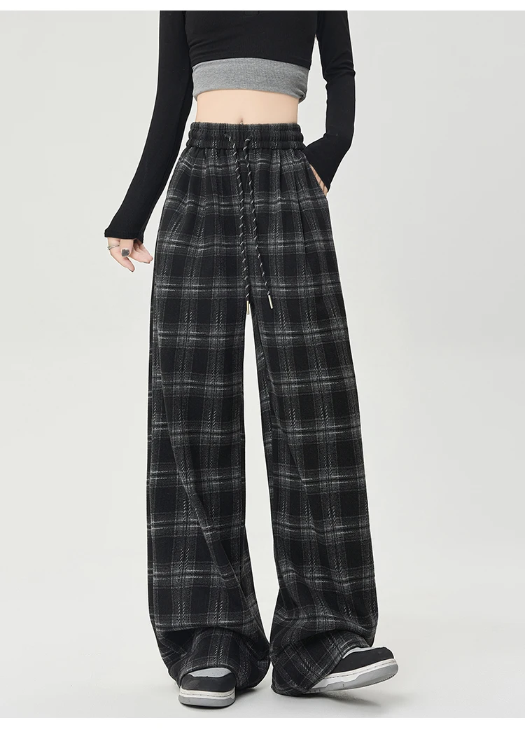 Winter Vintage Chic Kordelzug Lose Gerade Frauen Hosen Neue Plaid Kontrast Farbe Volle Länge Mode Weibliche Breite Bein Hosen – Detail 18