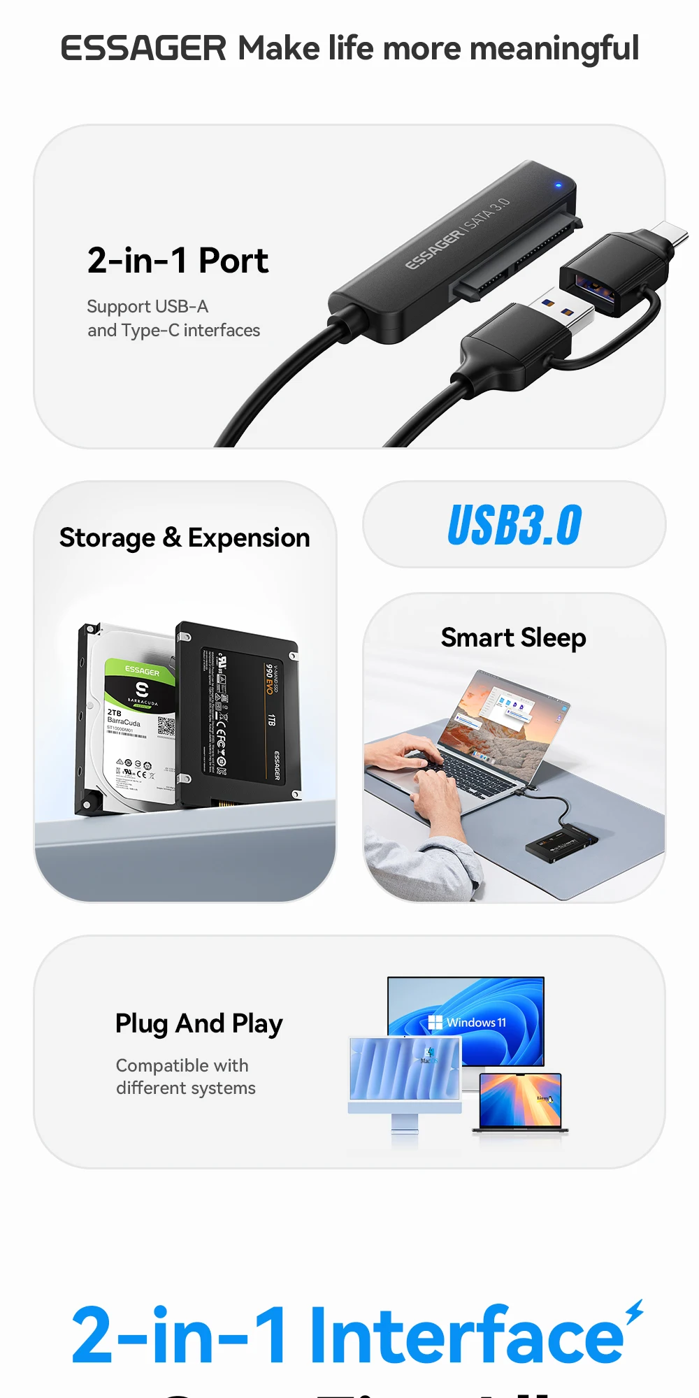 2 In 1 SATA to USB 3.0/Type-C Adapter Hard Drive Converter for 2.5inch HDD/SSD H