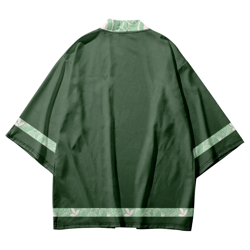 Green Kimono Summer Beach Geometric Print Japanese Samurai Kimono Fashion Men Women Cardigan Haori Obi Oversized Tops japanese kimono,japanese kimono cardigan