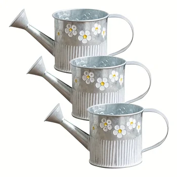 Vintage Farmhouse Galvanized Watering Cans: 3 Pieces, Metal Bucket Planters with Handles and Spouts, Perfect for Home Office Dec