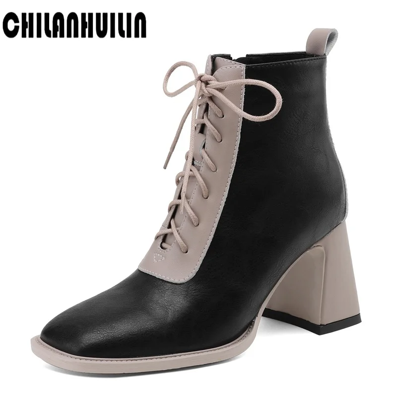 

genuine leather ankle boots for women classic lace-up black beige ankle strap woman shoes autumn winter combat work biker boots