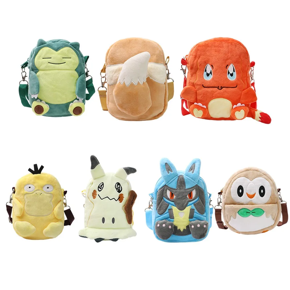 

7 Styles Pokemon Soft Plush Toy Snorlax Eevee Charmander Psyduck Mimikyu Lucario Rowlet Stuffed Animal Dolls Shoulder Bags Toys