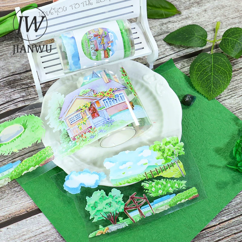 JIANWU 70mm * 200cm 빈티지 봄 식물 집 풍경 재료 콜라주 스크랩북 PET 테이프 크리 에이 티브 DIY 저널 문구