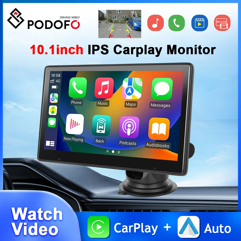 Podofo 10.1'' Carplay 모니터 안드로이드 자동 대시보드 시계 비디오 Airplay 안드로이드 캐스트 멀티미디어 플레이어 FM WIFI 블루투스 GPS