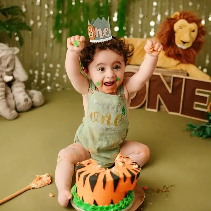 party hat birthday crown baby crown hat cartoon one year felt crown hats birthday party ONE lion animal jungle party hat kids baby shower happy 1st birthday decor