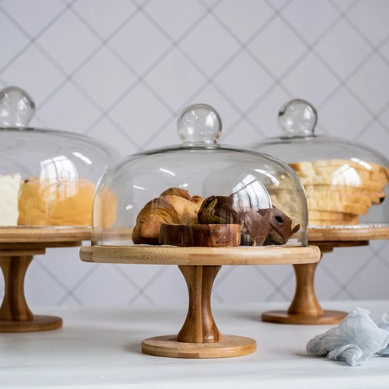 European Style Tall Cake Tray Glass Cover Bread Display Tray Fruit Tasting with Lid Rotating Home Decoration Ornaments