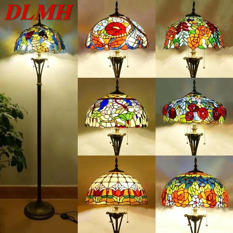 DLMH  플로어 램프, 아메리칸 레트로 거실 침실 램프, 컨트리 스테인드 글라스 플로어 램프