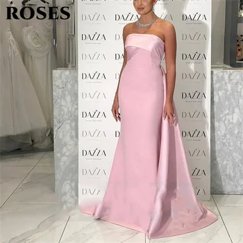 ROSES Pink Strapless Evening Dresses Sleeveless Mermaid Satin Formal Occasion Dresses with Train Detail Party Dresses Customized 1