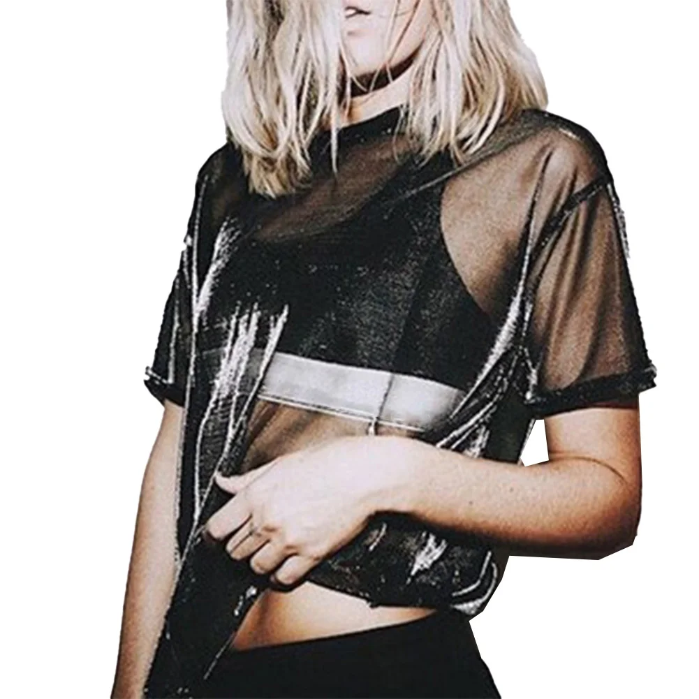 Top Women\'s Top Sheer Top Short Sleeve Slight Strech Solid Color Casual Blouse Tee O-Neck T-Shirt Women Short Sleeve