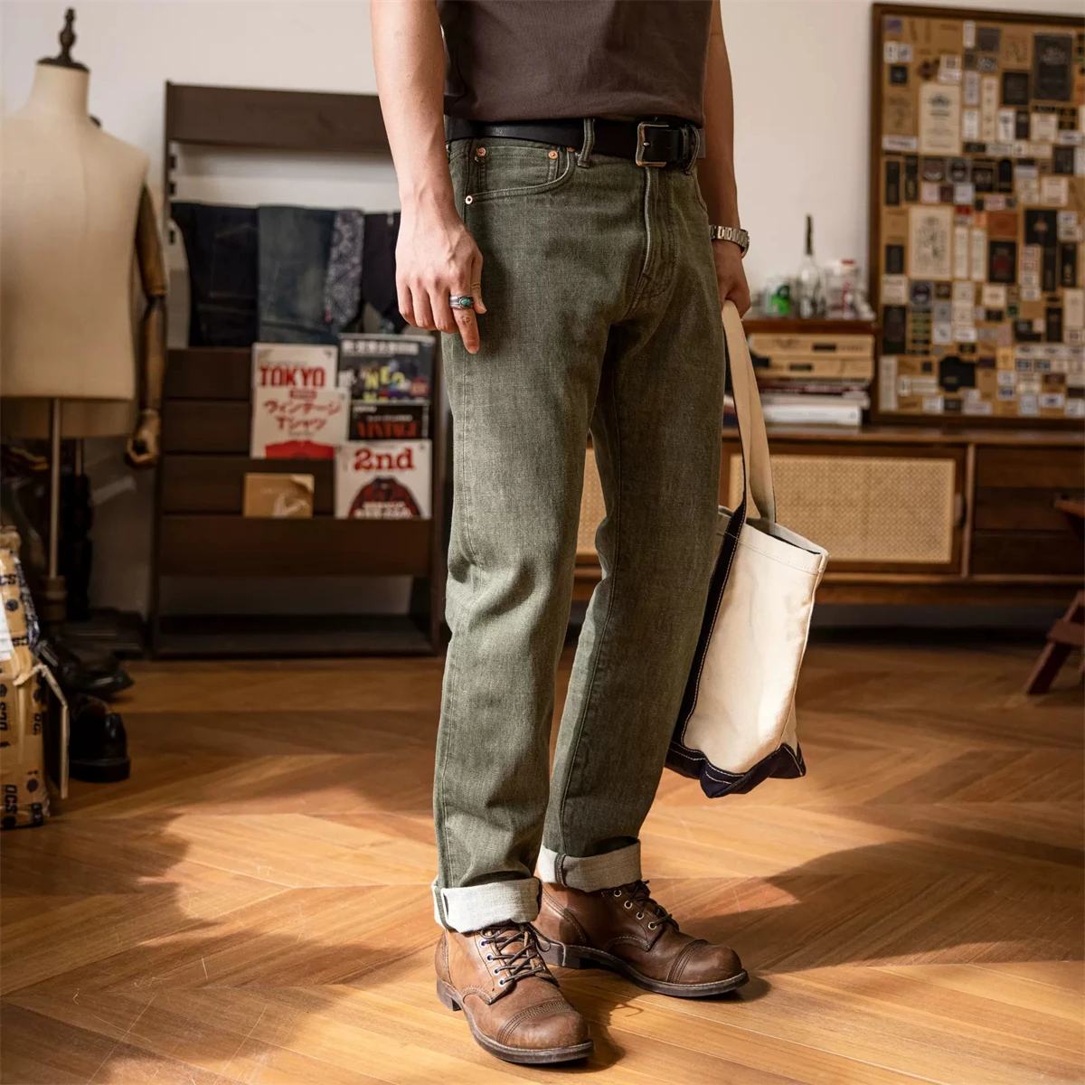 Red Tornado Tea Green 14oz Selvedge Denim Jeans Straight Fit Amekaji Pants Men 2