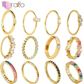 24K Gold Plated Colorful Crystal Gold Rings Turquoise Engagement Wedding Anniversary Ring Light Luxury Fashion Jewelry Gifts A40