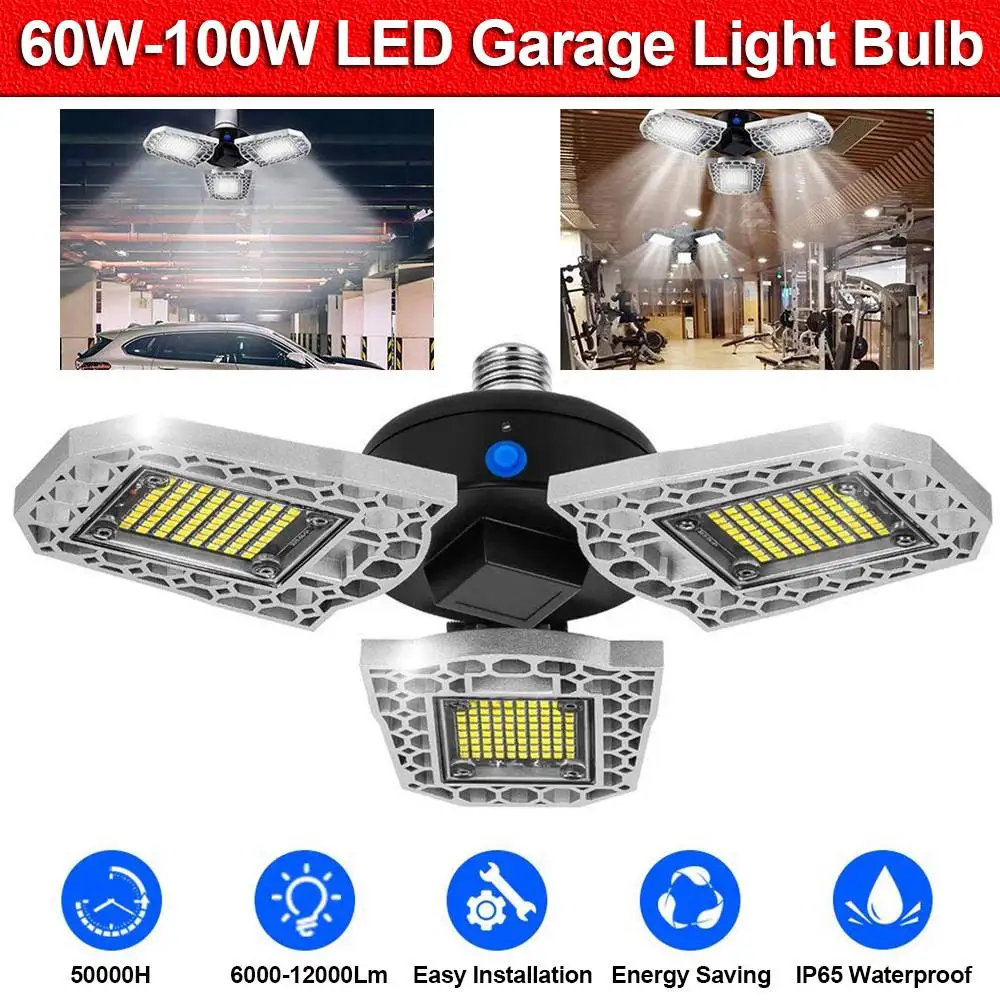 

LED Garage Lights 60W 80W 100W Deformable Ultra-Bright Bulb Waterproof Dusk to Dawn Sensor Ceiling Lamp Garage Workshop Factory