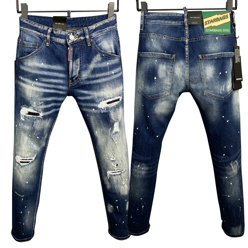 

harper dsq 9867 Hipster Men's jeans Wash worn holes patch paint embroidery hand stitched small feet blue all season men's pants