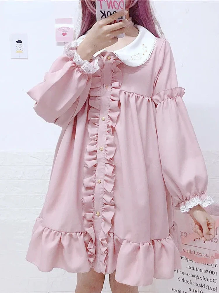 

CON Girls Sweet Cute OP Lolita Dress Long Puff Sleeve Doll Collar Lolita Pink Daily Party Dress Women's Dresses Lolita Clothing