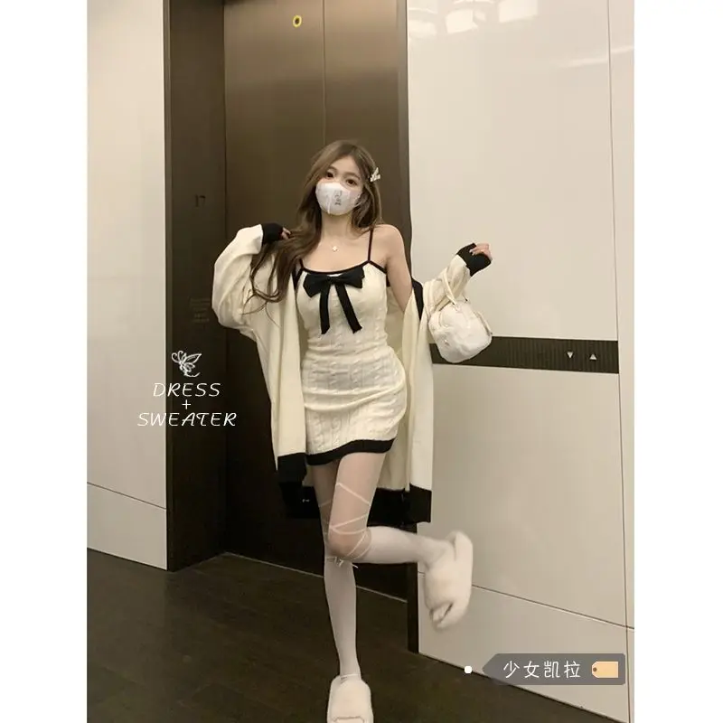 

Sweet and Spicy Underlay Knitted Slim Fit Wrap Hip Strap Dress For WomenSpring/Autumn Long Sleeve Cardigan Coat Two Piece Set