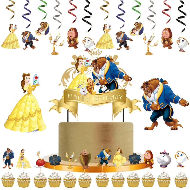 

Disney Princess Beauty and The Beast Cake Topper Cake Flag Swirls Happy Birthday Party Decor Kids Girls Favor Decoration Suplies