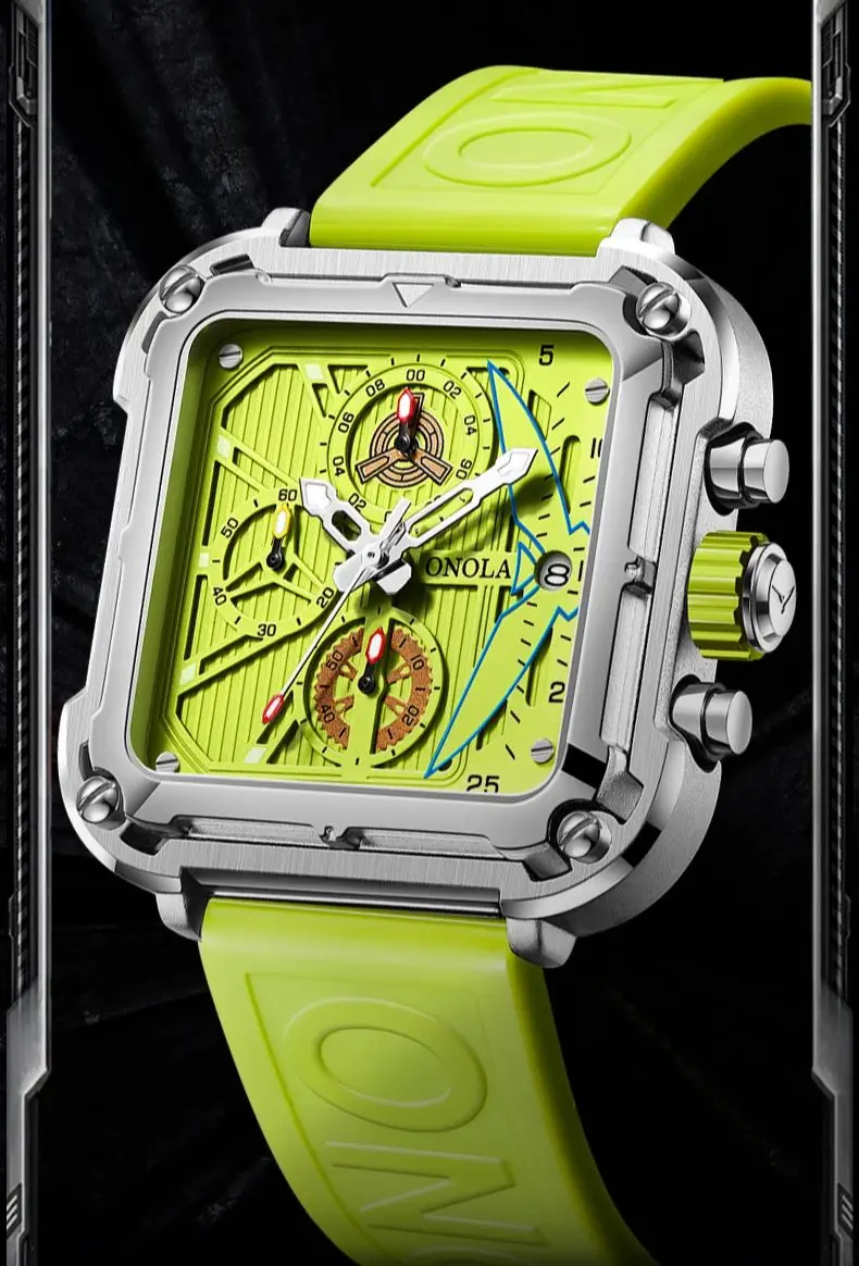 

Fashion Quartz Watch Mens Brand ONOLA Sports Waterproof Green Wristwatch Luxury Multifunctional Square Watches Man Dropshipping