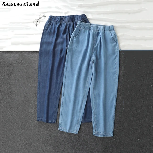 Fino clássico oversize 8xl jeans baggy elástico de cintura alta perna larga  calças jeans feminino capris casual harem vaqueros coreano pantalon -  AliExpress