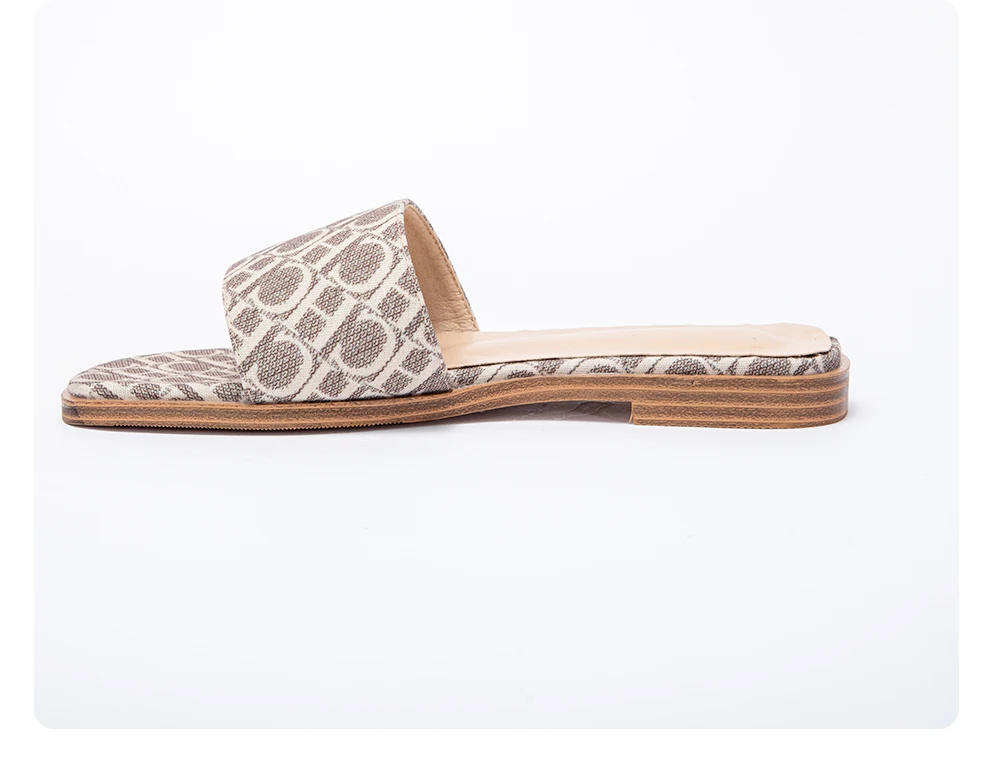 Classic Simple Design Chic Beige Pattern Flat Slides Women Summer Slip On Sandals Anti slip Sole OUT1085