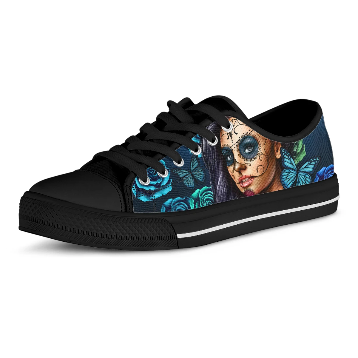 Hot Sale Purple Day Of The Dead Calavera Girl Print Canvas Shoes Lace Up Flat Autumn Breathable Vulcanized Sneakers