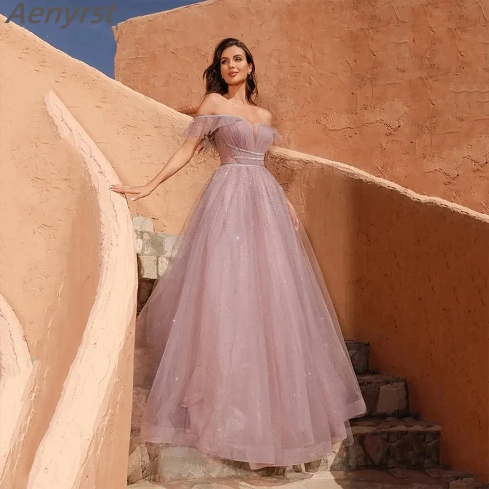 

Pink Tulle Party Dresses A-Line Elegant Sparkly Sweetheart Illusion Prom Dress Off Shoulder Backless Floor Length Evening Gowns